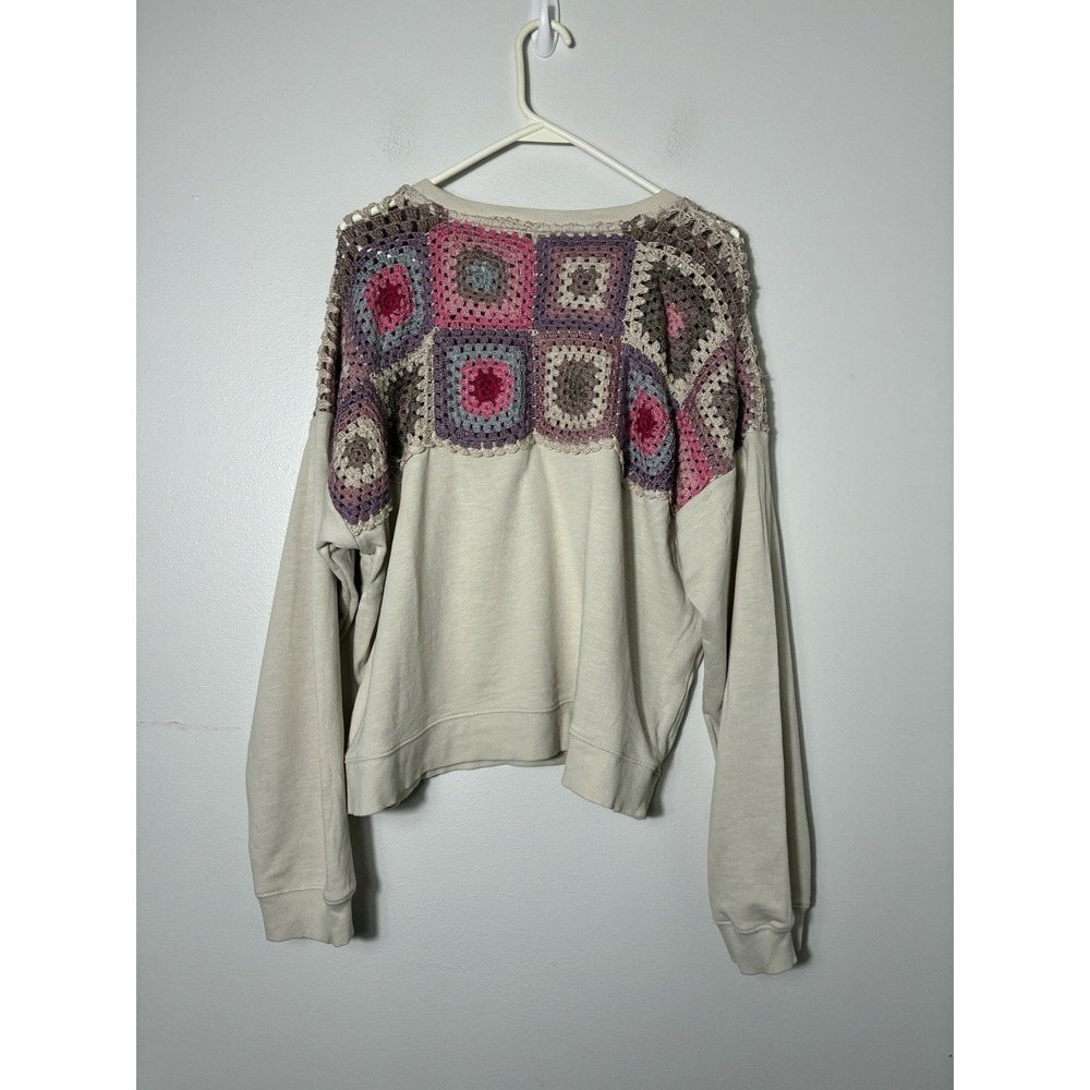 Lucky Brand Pullover Granny Square Crew Neck Sweater Sz L Tan Cotton Retro - Picture 4 of 7